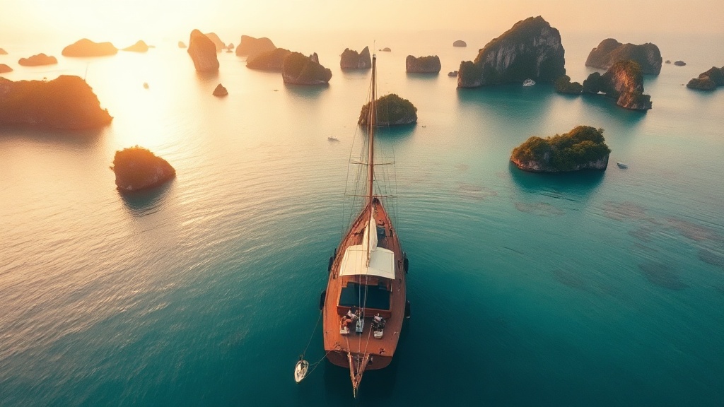 Private phinisi anchored among Raja Ampat karst islands at golden hour